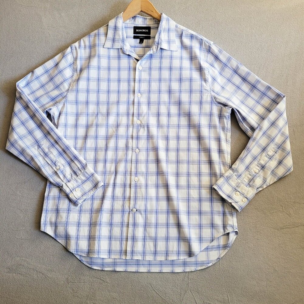 Bonobos Shirt Mens Large White and Blue Check Standard Fit Long Sleeve